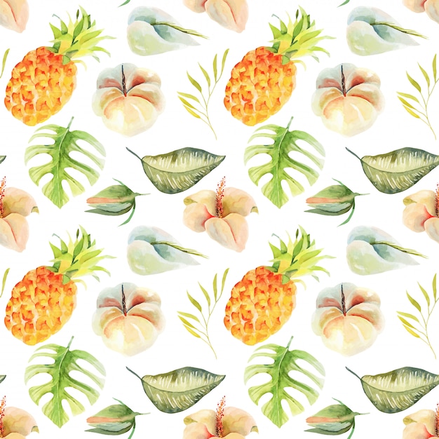 水彩のパイナップルと熱帯の花と葉のシームレスなパターンは 手描きの孤立したイラストです プレミアムベクター