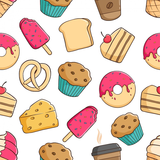 Premium Vector | Seamless pattern of pastry for breakfast with colored ...