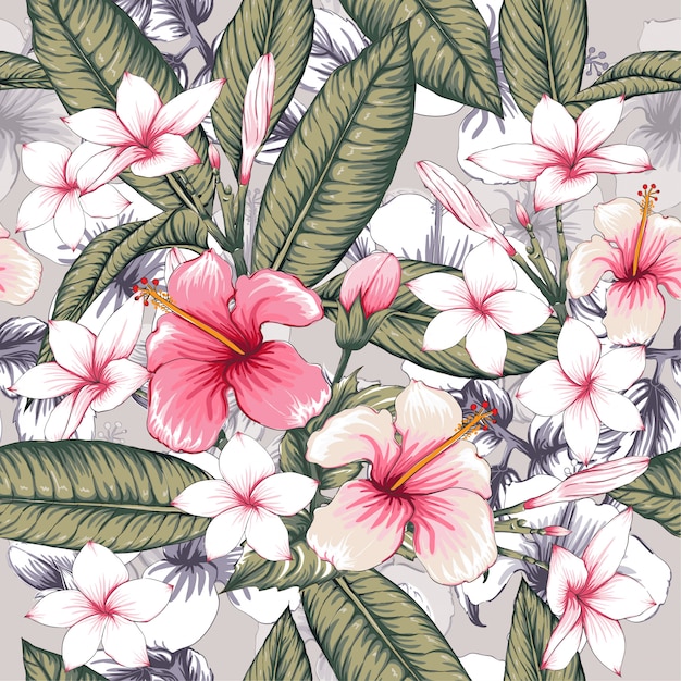 Premium Vector | Seamless pattern pink hibiscus,frangipani flowers ...