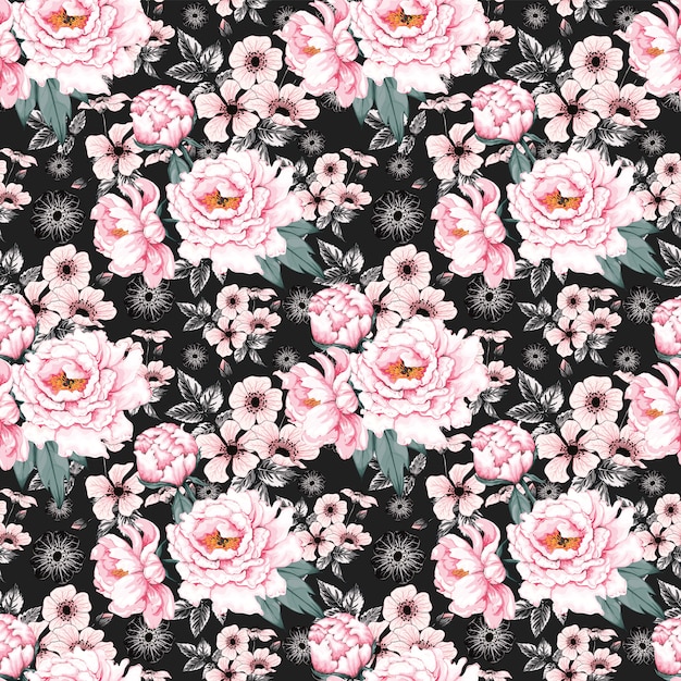 Premium Vector | Seamless pattern pink paeonia