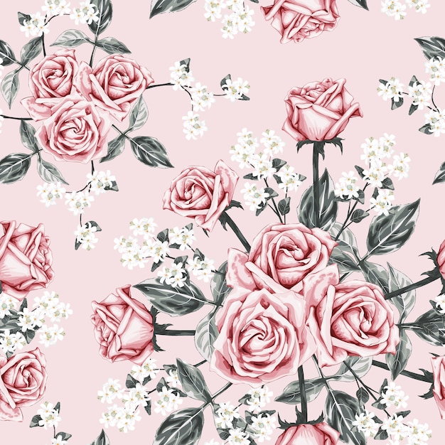 Premium Vector Seamless Pattern Pink Rose Vintage Flowers Background