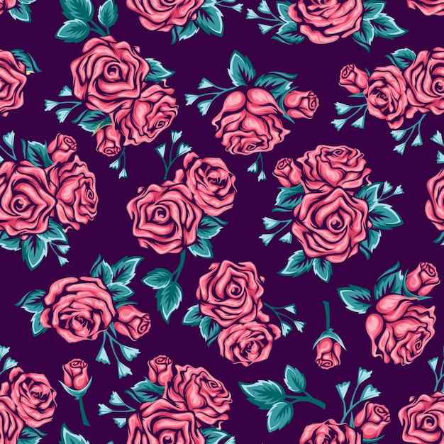 Premium Vector | Seamless pattern pink roses in dark background.