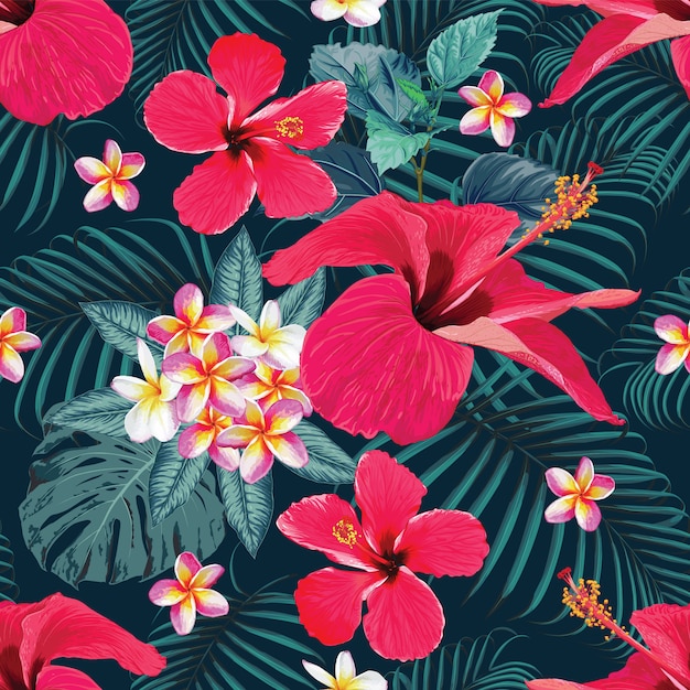 シームレスパターン赤ハイビスカスとプルメリアの花抽象 ベクトルイラスト手描き プレミアムベクター