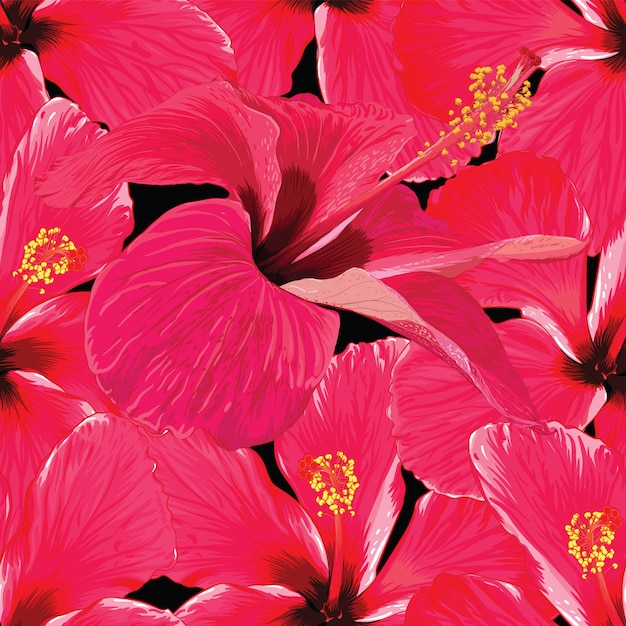 シームレスパターン赤ハイビスカスの花を抽象化します ベクトルイラスト手描き プレミアムベクター