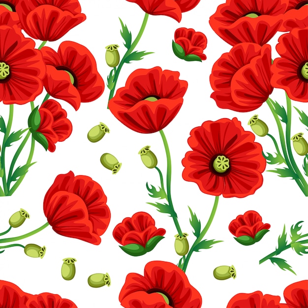 シームレスパターン 緑の葉と赤いケシの花 白い背景のイラスト Webサイトページとモバイルアプリ プレミアムベクター