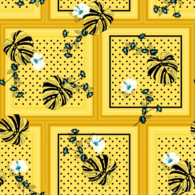 Seamless pattern scarf black polka dots mixed with tropical monstera leaves Premium Vector