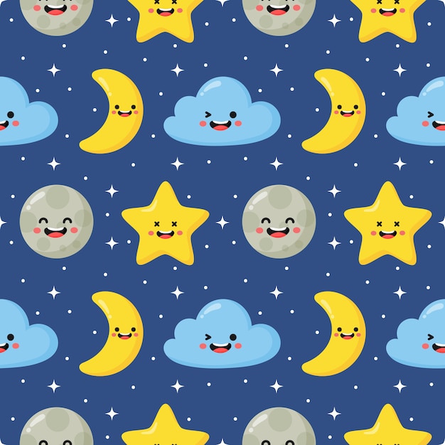 シームレスパターン星 月と雲 青の背景にかわいい壁紙 プレミアムベクター