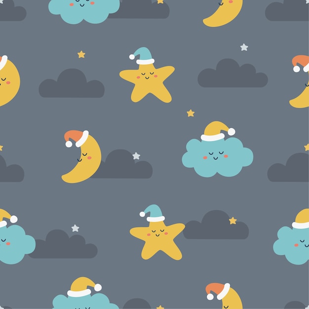 Premium Vector Seamless Pattern Stars Moon And Clouds Kawaii Wallpaper On Blue Background Baby Cute Pastel Colors