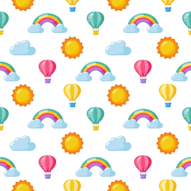 シームレスパターン太陽 バルーン 虹 雲 白い背景の上のかわいい壁紙 赤ちゃんのかわいいパステルカラー 変な顔の漫画 プレミアムベクター