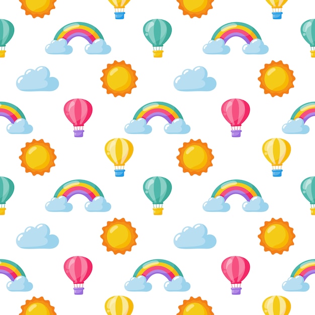 Premium Vector Seamless Pattern Sun Balloon Rainbow And Clouds Kawaii Wallpaper On White Background Baby Cute Pastel Colors Funny Faces Cartoon