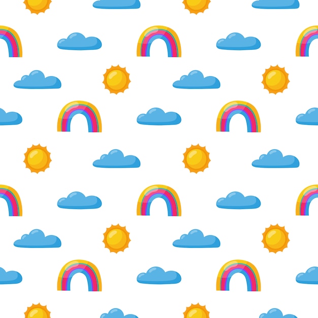 シームレスパターン太陽 虹 雲 白のかわいい壁紙 赤ちゃんのかわいいパステルカラー 変な顔の漫画 プレミアムベクター