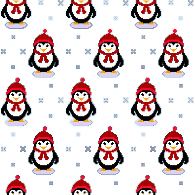 Seamless pattern texture with pixel art penguins Premium Vector
