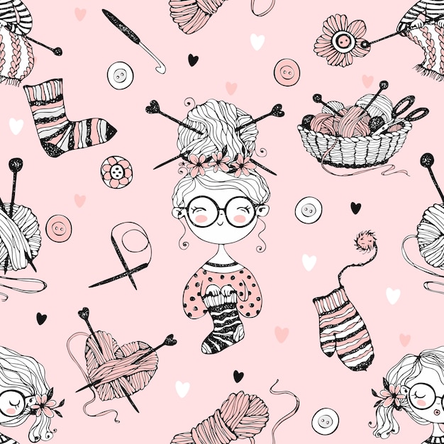 Premium Vector Seamless pattern on the theme of knitting with cute