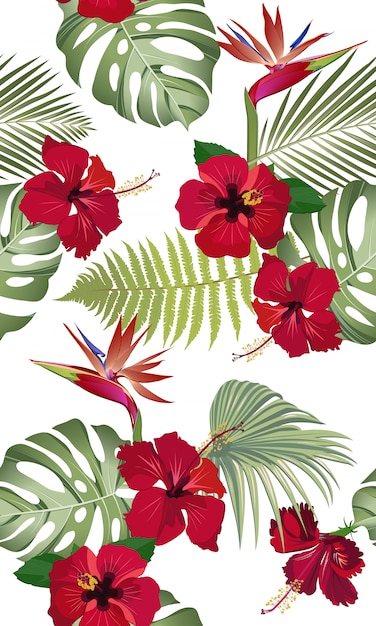 Premium Vector Seamless Pattern Tropical Leaves With Red Hibiscus Flower And Bird Of Paradise