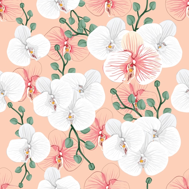 Seamless pattern white orchid flowers Premium Vector