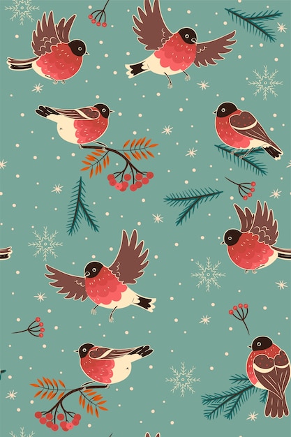 Premium Vector | Seamless pattern in winter mood with bullfinches.