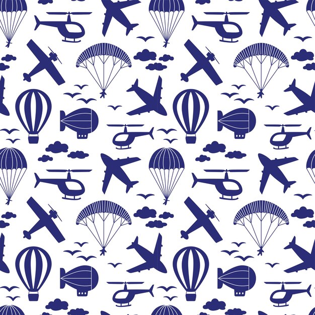 Premium Vector | Seamless pattern with airplanes, helicopter, parachute ...