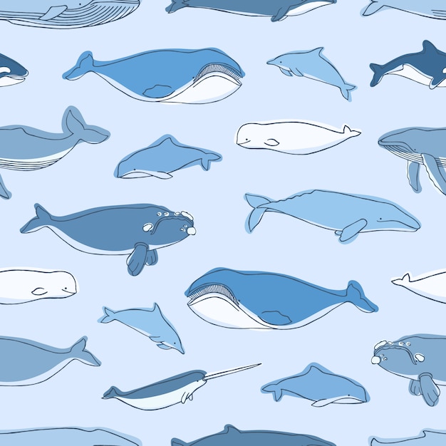 青い背景 クジラ イッカク イルカ カシャロット シロイルカに描かれた水生動物や海洋哺乳類の手とのシームレスなパターン テキスタイルプリント 包装紙 壁紙のイラスト プレミアムベクター