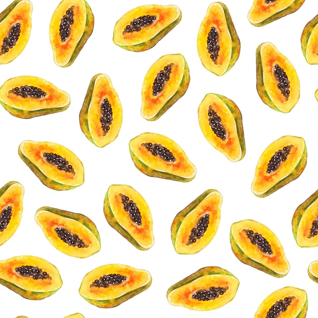 種子と明るいエキゾチックなパパイヤの果実とのシームレスなパターン 水彩画 手描きイラスト プレミアムベクター