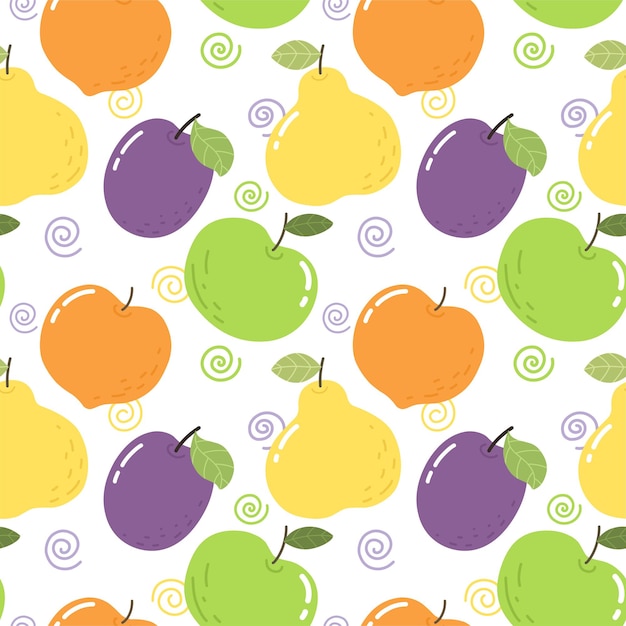 明るい果物とシームレスなパターンプラム梨リンゴ桃壁紙生地の明るいパターン プレミアムベクター