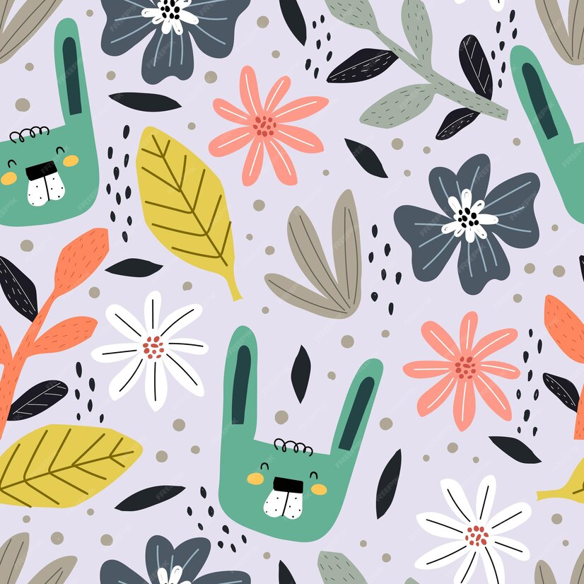 Premium Vector | Seamless pattern with cartoon bunnies flowers