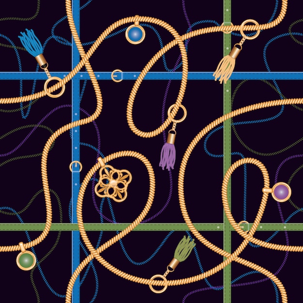 Seamless pattern with chains, belts, pendant and tassels. Premium Vector