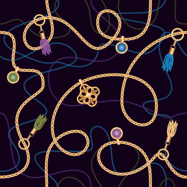 Seamless pattern with chains, pendant and tassels. Premium Vector