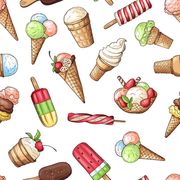プレミアムベクター チョコレートアイスクリームと甘い食べ物のデザート チョコレートとバニラアイスクリームのシームレスなパターン ベクトルイラスト