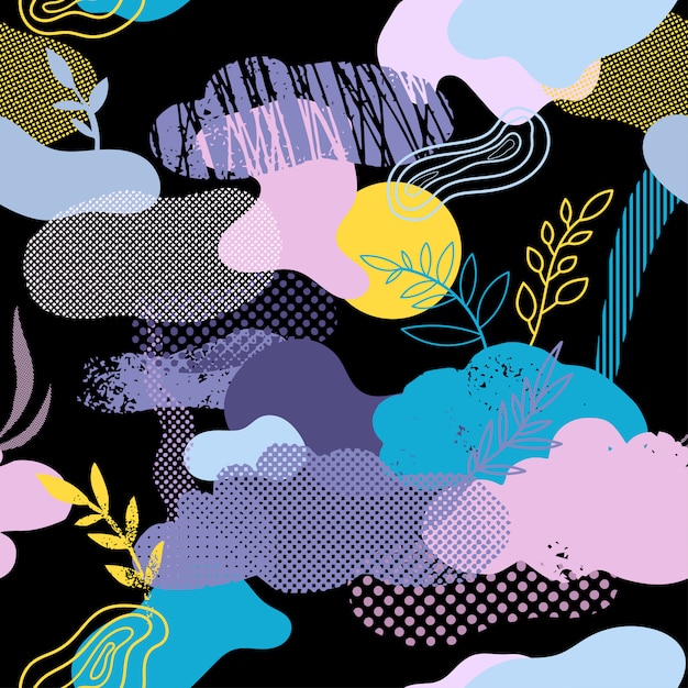 Seamless pattern with clouds, floral and graphic elements Premium Vector