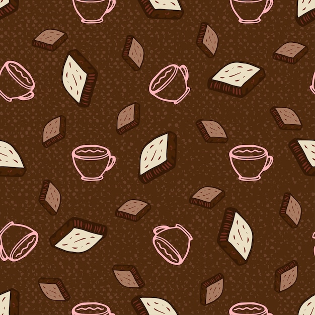 コーヒーとチョコレートとシームレスなパターン 手描きのベクトルイラスト 紙 繊維 ファブリック ラッパー 壁紙 ベクトル プレミアムベクター