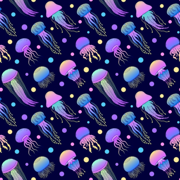 Premium Vector Seamless pattern with colorful hand drawn jellyfishes