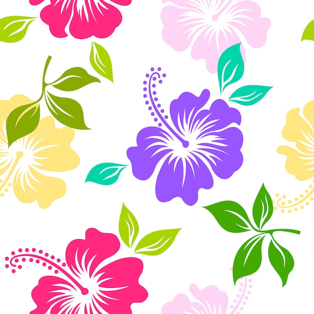 白い背景にカラフルなハイビスカスの花のハワイとシームレスなパターン プレミアムベクター