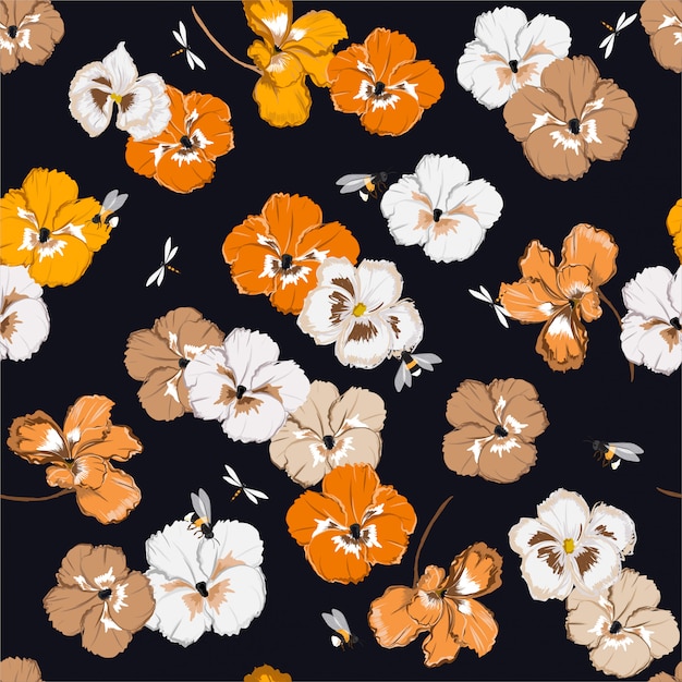 マルハナバチとファッション 布 ウェブ 壁紙 およびすべての版画のベクトルイラストデザインのトンボの庭でカラフルなパンジーの花とのシームレスなパターン プレミアムベクター