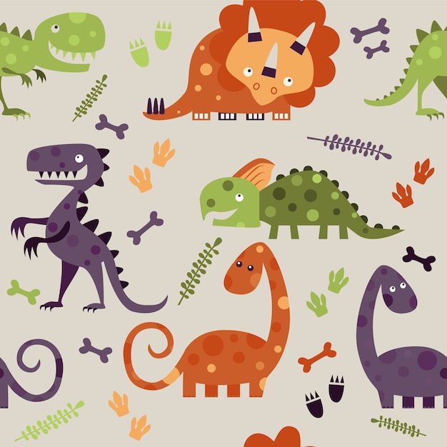 カラフルな恐竜とシームレスなパターン | プレミアムベクター