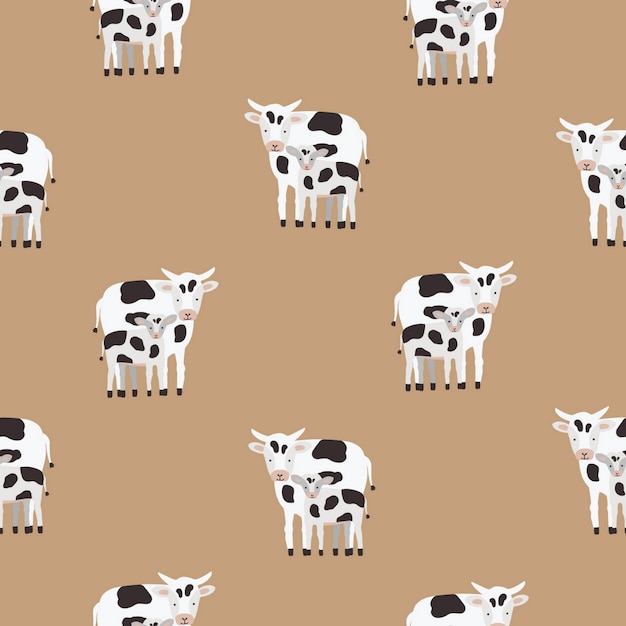 黒と白のパッチでコーティングされた牛と子牛のシームレスパターン 茶色の背景にかわいい漫画の動物の背景 テキスタイルプリント 壁紙 包装紙のカラフルなイラスト プレミアムベクター