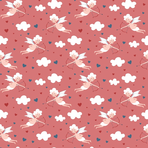 Premium Vector Seamless Pattern With Cupids And Hearts 8079