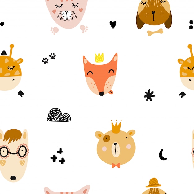 Download Seamless pattern with cute animal faces. | Premium Vector