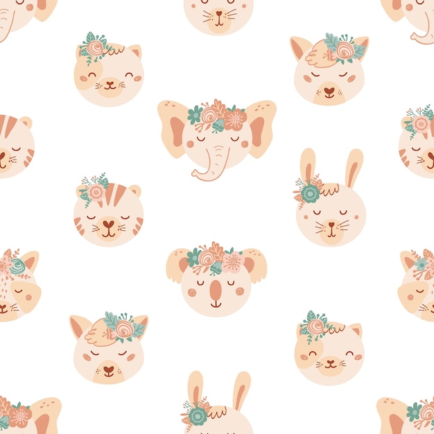 かわいい動物や花とのシームレスなパターン フラットスタイルのライオン 犬 象 猫 Tigeの背景 子供のためのイラスト 壁紙 布 テキスタイル 包装紙のデザイン ベクター プレミアムベクター
