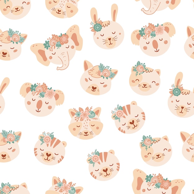 かわいい動物や花とのシームレスなパターン フラットスタイルのアライグマ ウサギ キツネ 猫 Tigeの背景 子供のためのイラスト 壁紙 布 テキスタイル 包装紙のデザイン ベクター プレミアムベクター