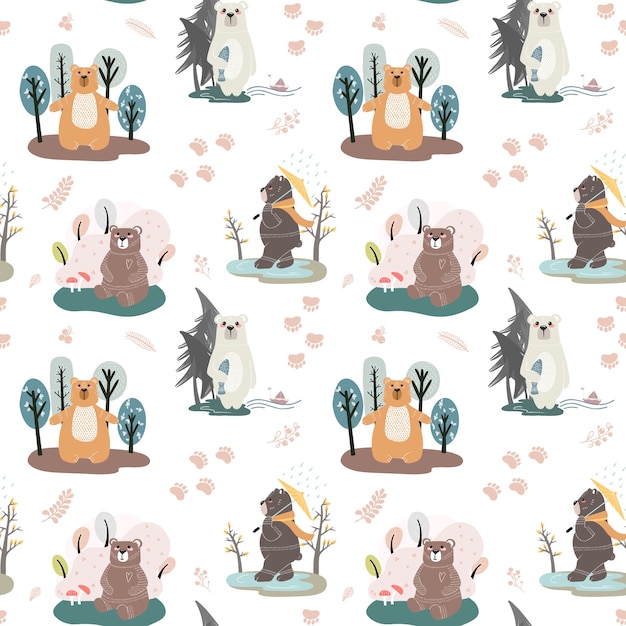Premium Vector Seamless Pattern With Cute Bears And Different Elements Illustration In Scandinavian Style
