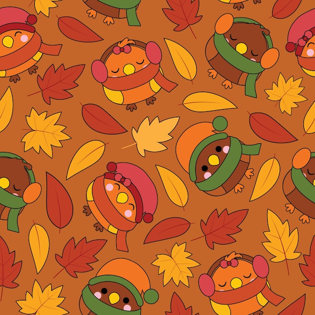 茶色の背景にかわいい鳥と楓のシームレスなパターン秋の壁紙のデザイン スクラップペーパーと子供の生地の服の背景に適したベクトルの漫画 プレミアムベクター