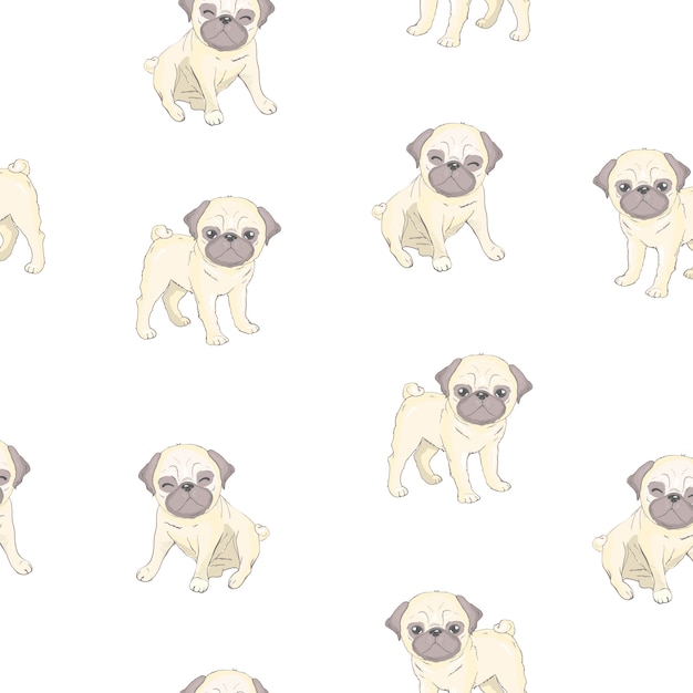 かわいい漫画の犬の子犬とのシームレスなパターン 背景 壁紙 ファブリックなどのデザインとして使用できます フレンチブルドッグパターン プレミアムベクター