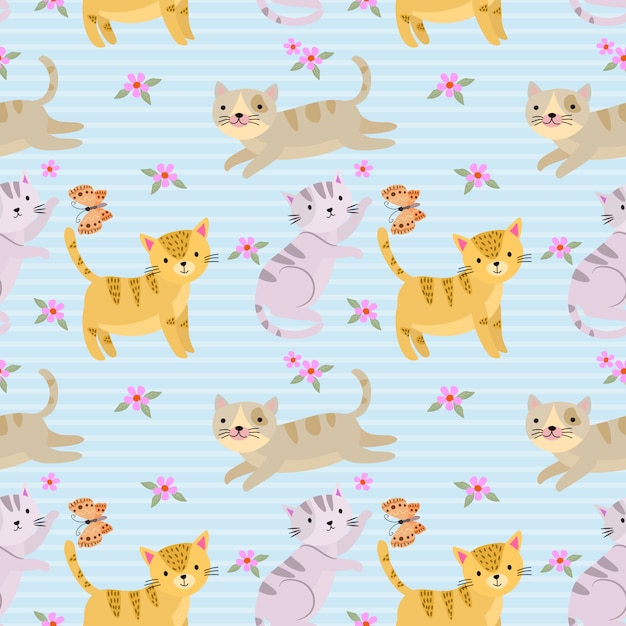 布繊維の壁紙のためのかわいい猫とのシームレスなパターン プレミアムベクター