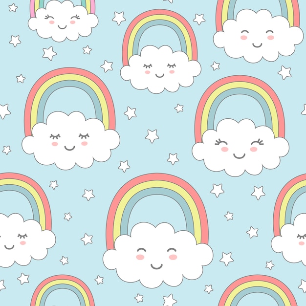かわいい雲 虹 星とのシームレスなパターン 子供用テキスタイル 包装紙 壁紙の保育園デザイン プレミアムベクター