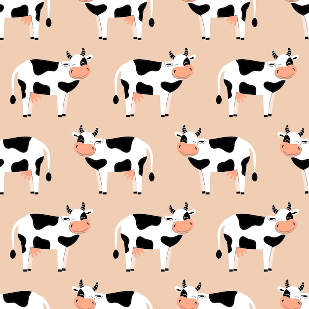 かわいい牛とのシームレスなパターン 家畜の背景 壁紙 パッケージ フラットベクトルイラスト プレミアムベクター