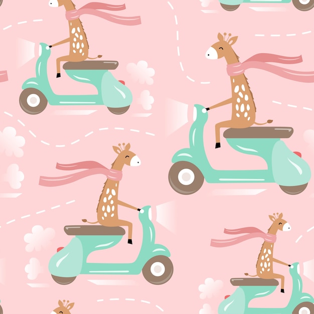 Seamless pattern with a cute giraffe on scooter. Premium Vector