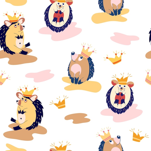 かわいいハリネズミとのシームレスなパターン 森の動物 王冠のハリネズミ スカンジナビアの背景 子供服 布 テキスタイル 壁紙 紙 ラッピング カードに最適です ベクトルイラスト プレミアムベクター
