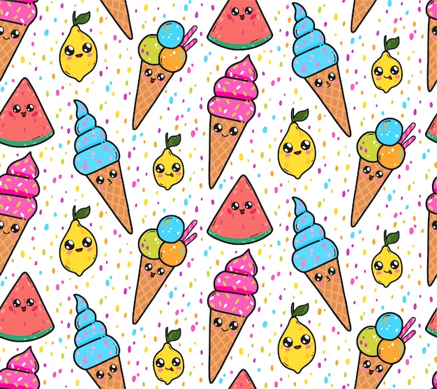 Seamless pattern with cute ice creams, lemons, and watermelons in japan kawaii style. happy cartoon characters with funny faces illustration. Premium Vector