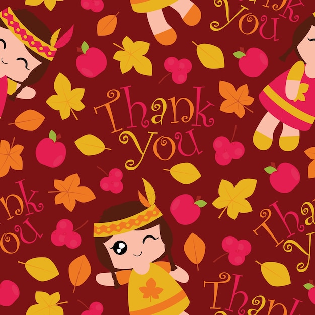 かわいいインドの女の子 リンゴ メープルリーフの赤い背景にシームレスなパターン感謝の壁紙デザイン スクラップペーパーと子供の生地の服の背景に適したベクトルの漫画 プレミアムベクター