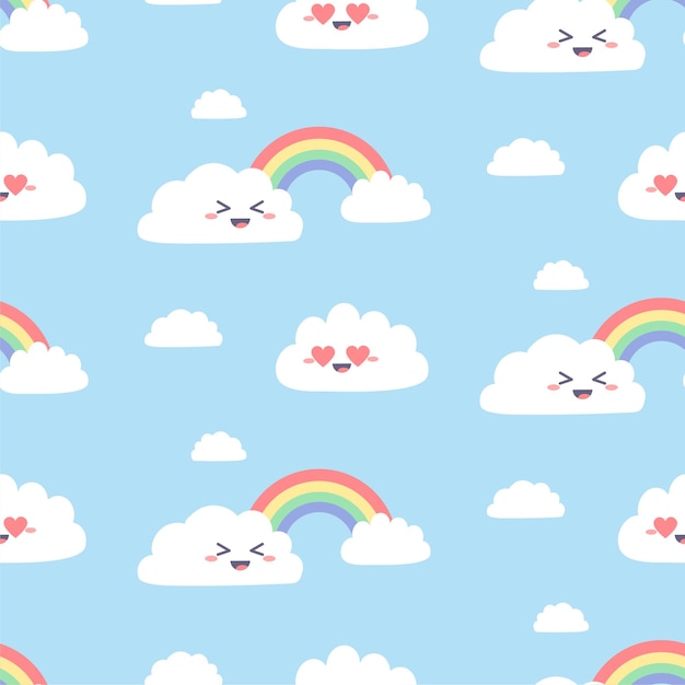 かわいいカワイイ雲とのシームレスなパターン 青に虹のシンプルな雲のキャラクター プレミアムベクター